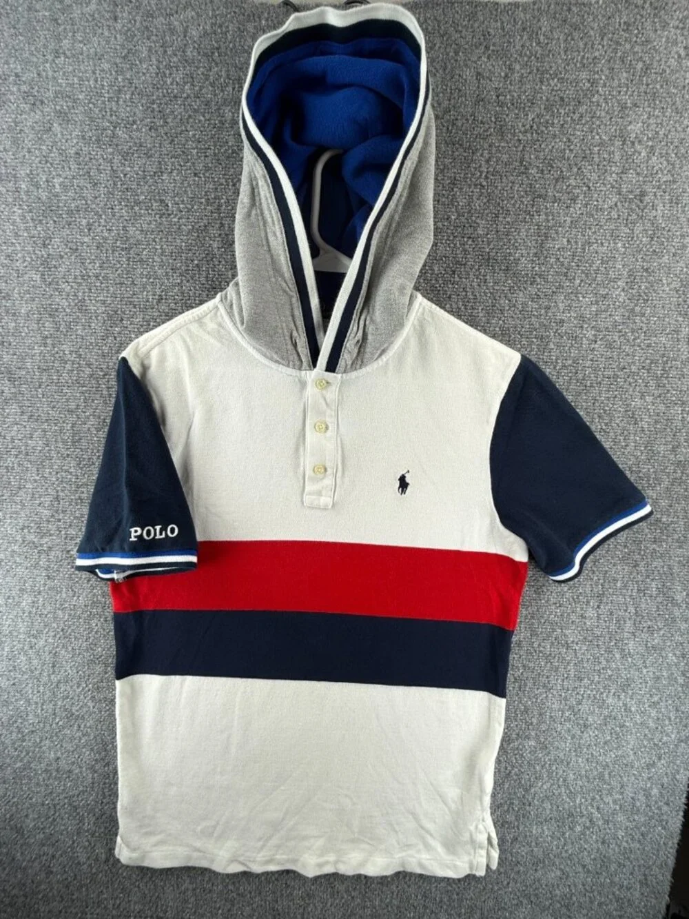 Polo Ralph Lauren Small Hooded Striped Red White Blue Polo Shirt Knit Mesh